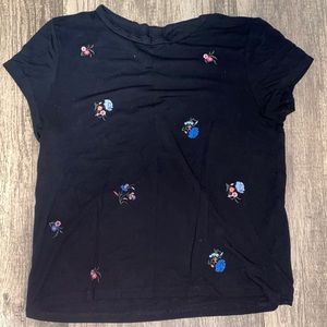 Floral Embroidered Black Soft Tee